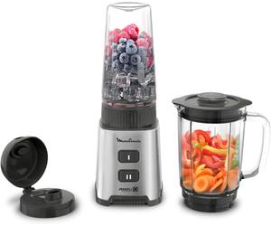 Moulinex Blender, Mini mixeur compact, 400 W, Technologie Powelix, Lames amovibles, 2 vitesses, Contrôle de la texture, Verseuse en verre, Bouteille à emporter en Tritan, Pulseo, Métal LM17GD10