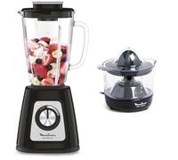 Moulinex Blender mixeur électrique Blendforce, Bol verre 1,75 L, Puissance 800 W, Noir LM430810 + Moulinex Presse-agrume électrique, Double rotation, Capacité 0.45 L, Ultra Compact, Noir PC120870