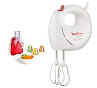 Moulinex Découpe-légumes électriqueFresh Express rouge, Râpe 3-en-1, Large goulotte, DJ753510 + Moulinex Batteur électrique Easymax blanc, 200 W, 2 vitesses, 2 jeux de fouets inclus, ABM11A30