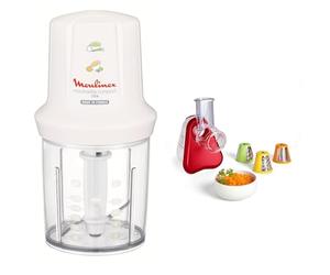 Moulinex DJ300110 Mini Hachoir Electrique Moulinette Compact avec Couvercle Saupoudreur Blanc 270 W & Découpe-légumes électrique, Râpe 3-en-1, Système de cônes de couleur facile, Large goulotte