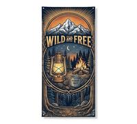 Mountain Adventure Bannière décorative pour porte, lanterne rustique, feu de camp, fournitures de vacances saisonnières pour intérieur et extérieur, 91,4 x 183 cm