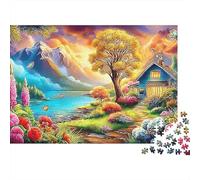Mountain and River Flowers Puzzle 1000 pièces Adultes Cabane Lac Montagnes Fleurs Stimulant Difficile Qualité supérieure épaisse Robuste vibrante Anti-Stress Jeu Famille 52x38cm/1000pcs