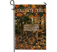 Mountain Bicycles Panneau de sentier d'automne Drapeau de jardin 30,5 x | Paysage forestier, drapeau de cour, panneau directionnel, thème VTT, décoration de jardin en plein air