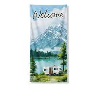 Mountain Lake Bannière de couverture de porte de bienvenue, décoration artistique paysagère, thème camping en plein air, décoration d'été sauvage 91,4 x 183 cm