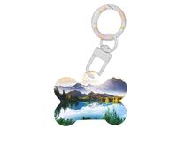 Mountain Lake View Sunny Day Nature Impression 1 pièce en forme d'os de chien double face avec porte-clés pour animaux de compagnie
