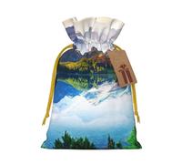 Mountain Lake View Sunny Day Nature Sacs de Noël imprimés avec cordon de serrage et ruban de Noël jaune - Pochettes cadeaux réutilisables en toile de jute avec cordon de serrage, S