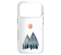 Mountain Peaks Green Pine Trees Orange Sun Design Minimaliste Coque pour iPhone 17 Pro