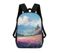 Mountain Valley with Pink Flowers Sacs À Dos Imprimés En 3D Pour Enfants 17inch Sacs À Dos Tendance Et Décontractés Pour La Journée, Sacs De Voyage, Sacs À Dos D'extérieur Pour Garçons Et Filles