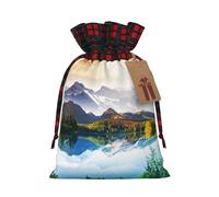 Mountain View Sunny Day Nature Print Sacs cadeaux de Noël en lin réutilisables avec étiquettes pour cadeaux de Noël