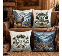Mountain Wilderness Lot de 4 housses de coussin sur le thème de l'aventure | Portrait de la faune d'élan - Taies d'oreiller - Éléments de carte topographique - Sac à dos de randonnée et boussole