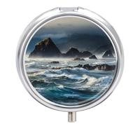 Mountains Meet The Sea Pilulier étanche à 3 compartiments avec miroir Récipient rond en métal Organiseur portable pour poche et sac à main Voyage