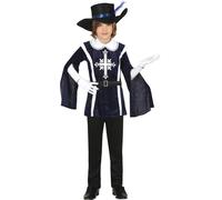 Mousquetaire Aventure Enfant Costume Carnaval Chevalier Bandit Bleu Noir Chapeau Plume Gants, Taille : 98/104 Couleur : Noir