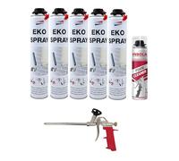 Mousse Expansive Polyuréthane Projetable Eko Spray- 750 ml + Nettoyant + Pistolet - Isolation Thermique et Phonique Performante pour Tous Supports (Lot 5 + 1 + 1)