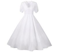 Mousseline de Soie Longue Robe Femmes col en V Couleur Unie Lanterne à Manches Courtes Automne été élégant Vintage Robe de soirée,1,XXL