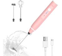 Mousseur à lait électrique rechargeable à main avec 2 fouets en acier inoxydable et 3 vitesses réglables pour café, matcha, latte, cappuccino, chocolat chaud (rose classique)