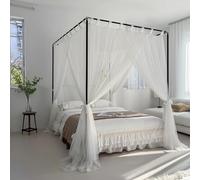 Moustiquaire for lit 4 poteaux d'angle en dentelle Rideaux à baldaquin Moustiquaire cryptée Rideau de sol avec support en métal for lit de fille Chambre adulte Chambres d'enfants(White,180x200cm)