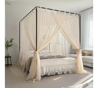 Moustiquaire for lit 4 poteaux d'angle en dentelle Rideaux à baldaquin Moustiquaire cryptée Rideau de sol avec support en métal for lit de fille Chambre adulte Chambres d'enfants(Beige,150x200cm)