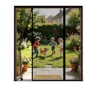 Moustiquaire Porte Magnétique à 3 Panneaux, Ouverture Latérale Double pour Accès Facile, Rideau Anti-Moustique Sans Perçage pour Baie Vitrée Coulissante, Fermeture Automatique,145x200cm,Noir