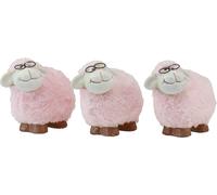Mouton rose en céramique Figurine décorative avec lunettes et fourrure en peluche Set de 3 10,5×5,5×9cm