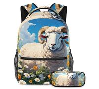 Moutons mignons et fleurs se préparent pour réussir avec 2 sacs d'école, sac à dos et trousse à crayons, multicolore, B：29.4x20x40cm P：19x7.5x3.8cm, Sacs à dos de jour