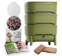Moutta I WORMcube Vert Design & Compact I Lombricomposteur 3 Plateaux I 250gr de vers de Compost I Kit Complet I Filtre Anti-Noyade des vers