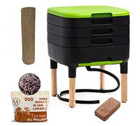 Moutta | TinyWorm Design & Compact I Lombricomposteur 3 Plateaux I 250gr de vers de Compost I Kit Complet I Tiroir Coulissant I Pieds Bois Massif
