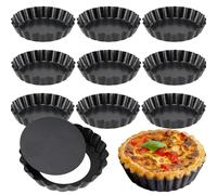MOUYAT Lot de 10 moules à quiche ronds de 10 cm, moules à quiche antiadhésifs de 10 cm avec fond amovible, moule à tarte cannelé pour pâtisserie, quiches, flans