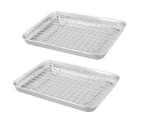 MOUYAT Lot de 4 plaques de cuisson de 25,4 x 20,3 x 2,5 cm avec grille de cuisson, plaque de cuisson en acier inoxydable avec grille pour four, rôtissage