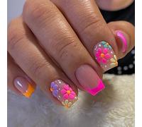 MouYou Press on Nails Lot de ongles courts courts et larges avec colle à ongles, carrés, fleurs colorées, en acrylique, couleur rose nue, rouge …