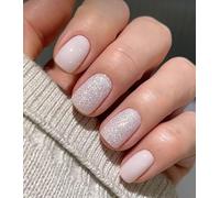 MouYou Press on Nails Lot de ongles courts courts pour mariage Rose clair Paillettes avec colle à ongles Forme carrée en acrylique Rose