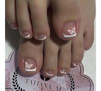 MouyouGlow 24 Pièces Faux Ongles D'orteil à coller Court,Carré Clair Blanc French Papillon Été INS Pink Fake Ongles Pieds Toe Nails Full Cover Orteils Press on Nails avec Colle