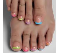 MouyouGlow 24 Pièces Faux Ongles D'orteil à coller Court,Carré Colourful French Multiple Color Tips INS Fake Ongles Pieds Toe Nails Full Cover Orteils Press on Nails avec Colle