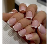 MouYouGlow Press on Nails Faux ongles courts carrés rose nude rose nude avec colle à ongles, carré, blanc French manucure blanc, bout en acrylique, pour femmes et filles …