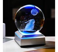 Movdyka Boule de cristal 3D gravée en forme de lapin et de lune avec veilleuse, 8 cm, cadeau pour femme, fille, ornements d'animaux de collection pour la maison, souvenirs pour sa maman