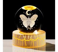 Movdyka Boule de sorcellerie en cristal 3D en forme de papillon avec lune de 6 cm - Cadeau pour femme - Sphère en verre avec base lumineuse chaude pour filles et amateurs de papillons - Décoration