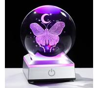 Movdyka Boule de sorcellerie en cristal 3D en forme de papillon avec lune de 8,9 cm - Cadeau pour femme, sphère en verre avec base de lumières LED pour filles et amateurs de papillons - Décoration