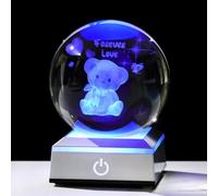 Movdyka Boule en cristal de 8 cm gravée ours et amour éternel avec base lumineuse LED - Cadeau pour femme - Ornements décoratifs pour chambre - Presse-papier en verre