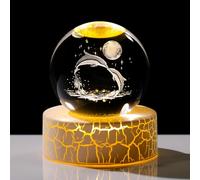 Movdyka Figurine de dauphins 3D en cristal de 6 cm - Cadeau pour femme - Sphère d'art animal en verre pour chambre avec base lumineuse chaude - Souvenirs pour les amateurs de dauphins pour