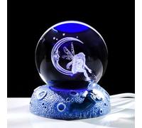 Movdyka Figurine en cristal 3D en forme de fée et lune - Cadeau pour femme - 6 cm - Sphère décorative pour chambre avec base lumineuse spatiale - Souvenir pour elle amoureuse de la fée clochette -