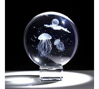 Movdyka Méduse 3D en verre avec étoiles - 6 cm - Boule de cristal gravée - Méduse en verre - Cadeau pour les amoureux des animaux - Ornements de collection