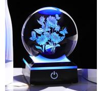 Movdyka Tournesol 3D avec boule de cristal et papillon - 8 cm - Cadeau d'anniversaire pour maman, sœur, papillon gravé avec lumières LED - Figurine florale - Cadeau pour sa femme