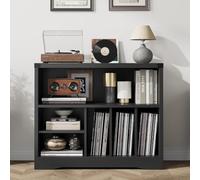 MOVECOM Support de Tourne-Disque Moderne avec 6 Cubes de Rangement en Vinyle - Table tournante en Bois Noir et étagère de Rangement multimédia pour Salon, vitrine d'album, étagère de Rangement de