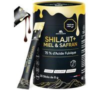 MOVEZEN Shilajit+ Miel & Safran Bio, Résine Authentique 100% Pure de l’Himalaya, Énergie Durable, Vitalité, Concentration, 30 Sticks de 8 g, Riche en Acide Fulvique & Humique, 85+ Minéraux