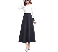 Moviendress Femme Ecossaise Plissée Jupe Longue Hiver Laine Élasticité Taille Haute Jupe Treillis Chaud A-Line Flare Jupes (XL, Noir 2)