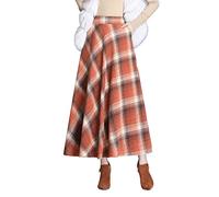 Moviendress Jupe Hiver Femme Longue Plissée Laine Taille Haute A-Ligne Vintage Carreaux Jupes (M,Orange)