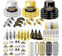 MOVINPE Fournitures de fête du Nouvel An 2025 en vrac - Chapeaux hauts dorés noirs et argentés, chapeaux coniques, diadème, lunettes, collier de perles, leis, cornes, éruptions, fabricants de noiese