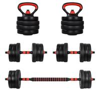 MOVIT® Haltères Réglables 6-en-1, 20/30 kg, Ciment, Plastique, Noir/Rouge | Avec Barre Longue et Poignées Kettlebell, Connecteur Rembourré; Dumbbell Set, Poids Musculation, Home Gym, Fitness
