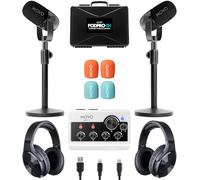 Movo Ensemble d'équipement de podcast portable pour téléphones iPhone/Android - Kit de podcast avec interface audio, 2 micros dynamiques CastMic et 2 supports de table - Pour smartphones, ordinateurs,
