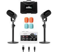 Movo Ensemble d'équipement de podcast portable pour téléphones iPhone/Android - Kit de podcast avec interface audio, 2 micros dynamiques CastMic et 2 supports de table - Pour smartphones, ordinateurs
