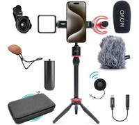 Movo iVlog1-IP - Kit de vlog pour iPhone 15/16/17 et supérieurs, kit de démarrage YouTube compatible USB-C, avec microphone à canon, mini trépied, lumière LED, objectif grand-angle, adaptateur USB C
